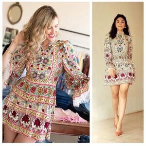 ALICE + OLIVIA Lawson Floral Paisley Boho Mock Neck Lace Mini Dress Size 6